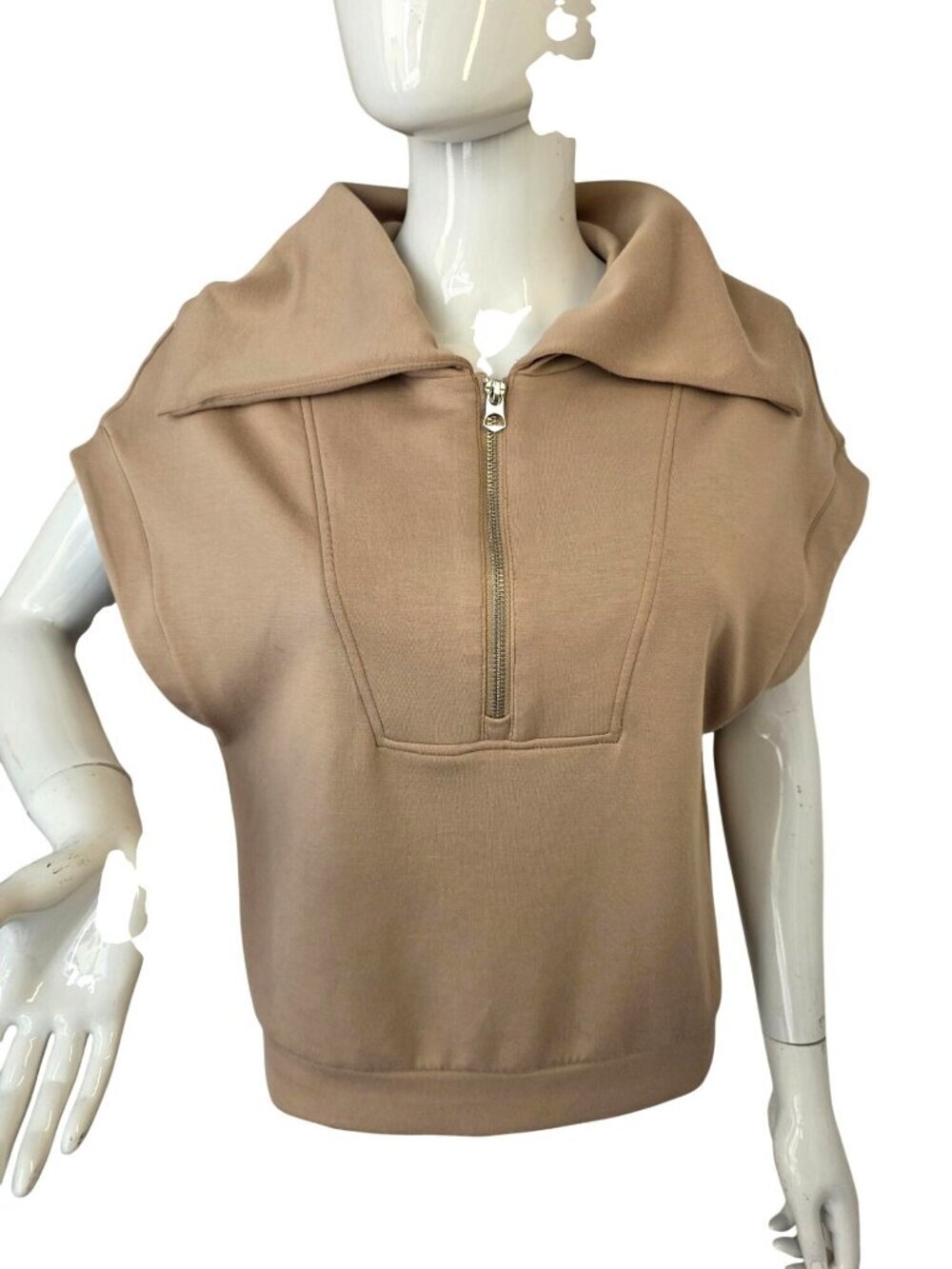 Bailey 44 Sleeveless Big Collar Zip Top Tan Minimalist Chic Size S Beige